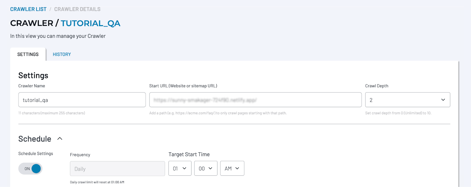 SearchStax Site Search Crawler Settings tab showing Crawl depth set to 2 and Schedule enabled for daily runs.