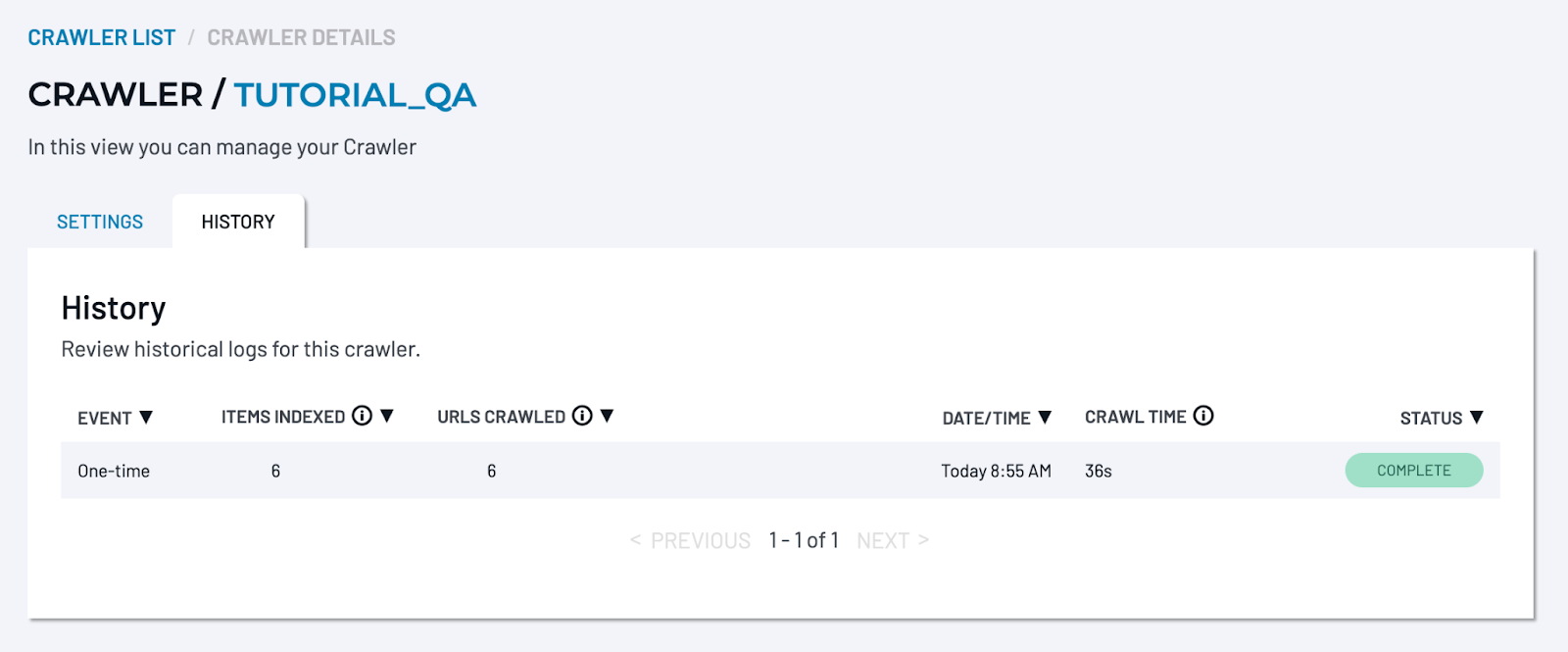SearchStax Site Search Crawler History tab with run summary details.