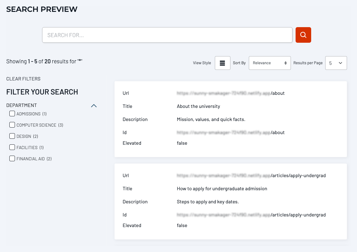 SearchStax Site Search Preview screen showing initial state, facet filters, and sorting options.