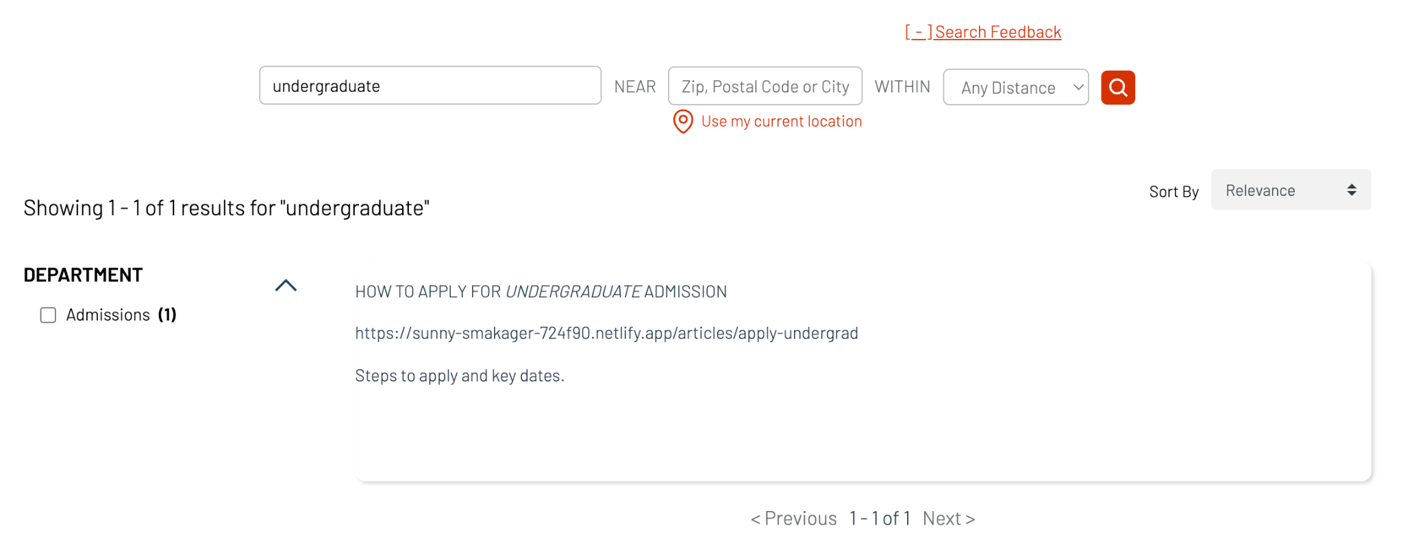 SearchStax Site Search javascript Accelerator screen. 