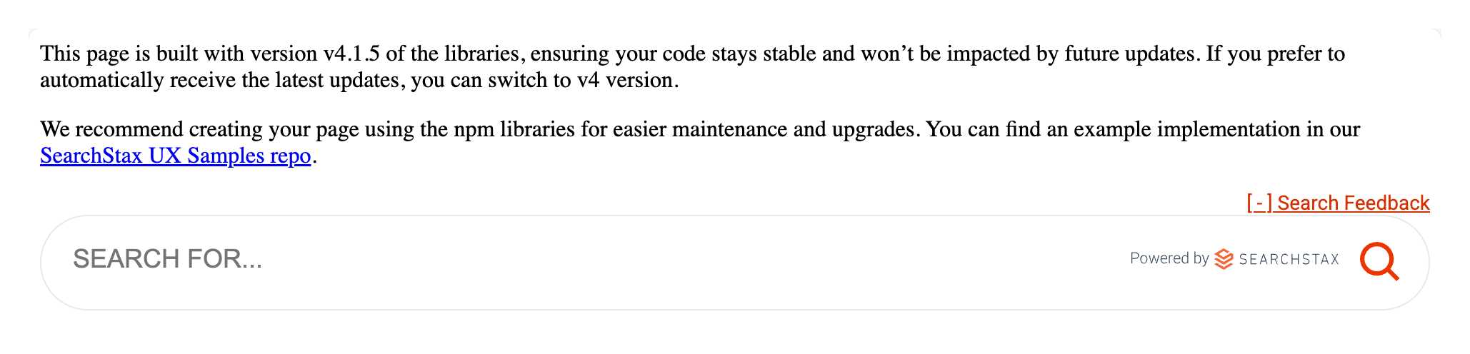 Hosted search page with version notice saying page is built with v4.1.5. Switch to v4 to automatically receive latest updates