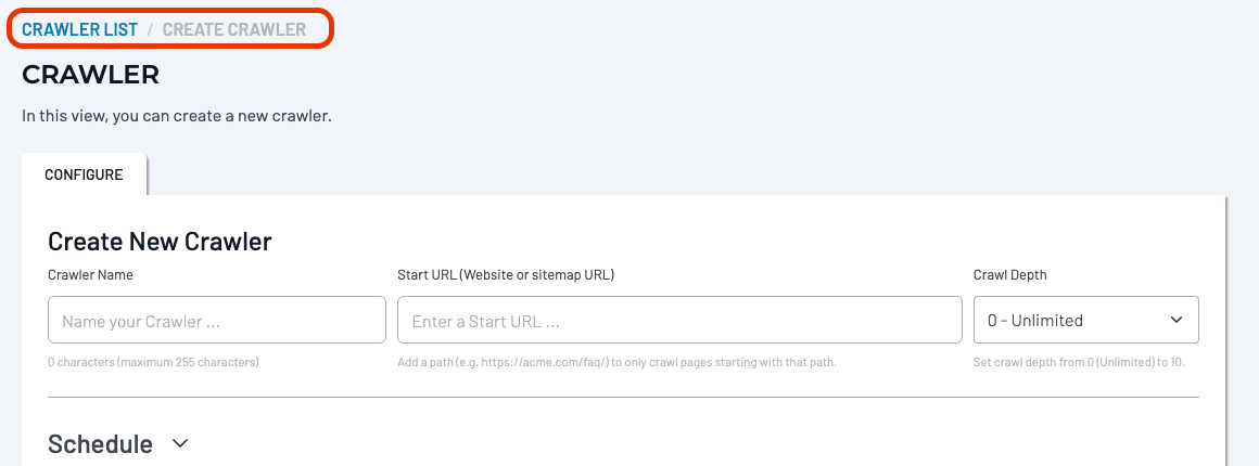 The Create Crawler screen with breadcrumb navigation 'CRAWLER LIST / CREATE CRAWLER' circled at the top.