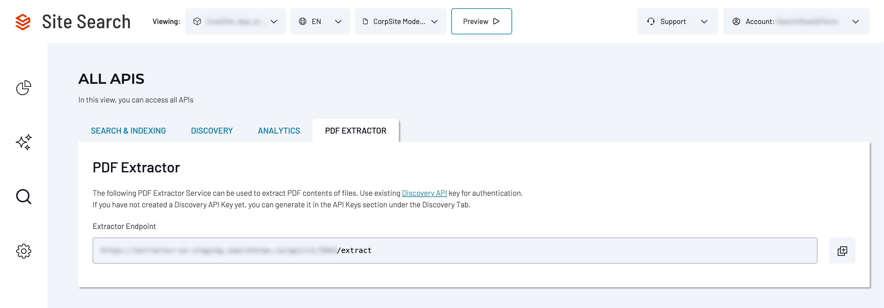The PDF Extractor API section of the Site Search user interface, showing the Extractor Endpoint.