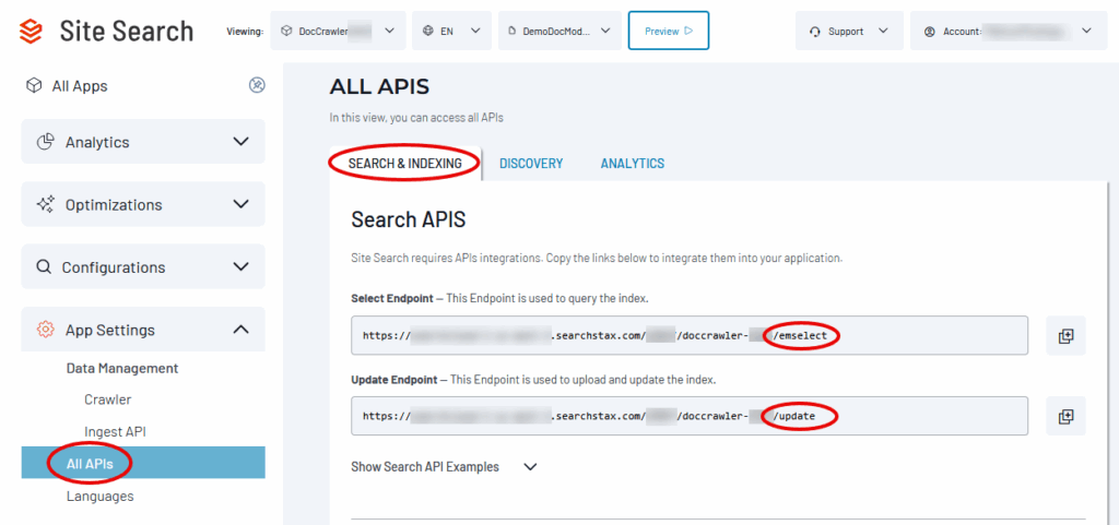 The Search APIs interface showing two main endpoints: /emselect for querying the index and /update for uploading and updating content.