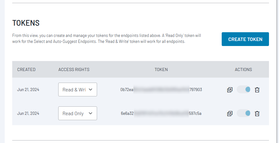Token management interface showing two active tokens with their creation dates, access rights, and token values, plus controls to create new tokens.