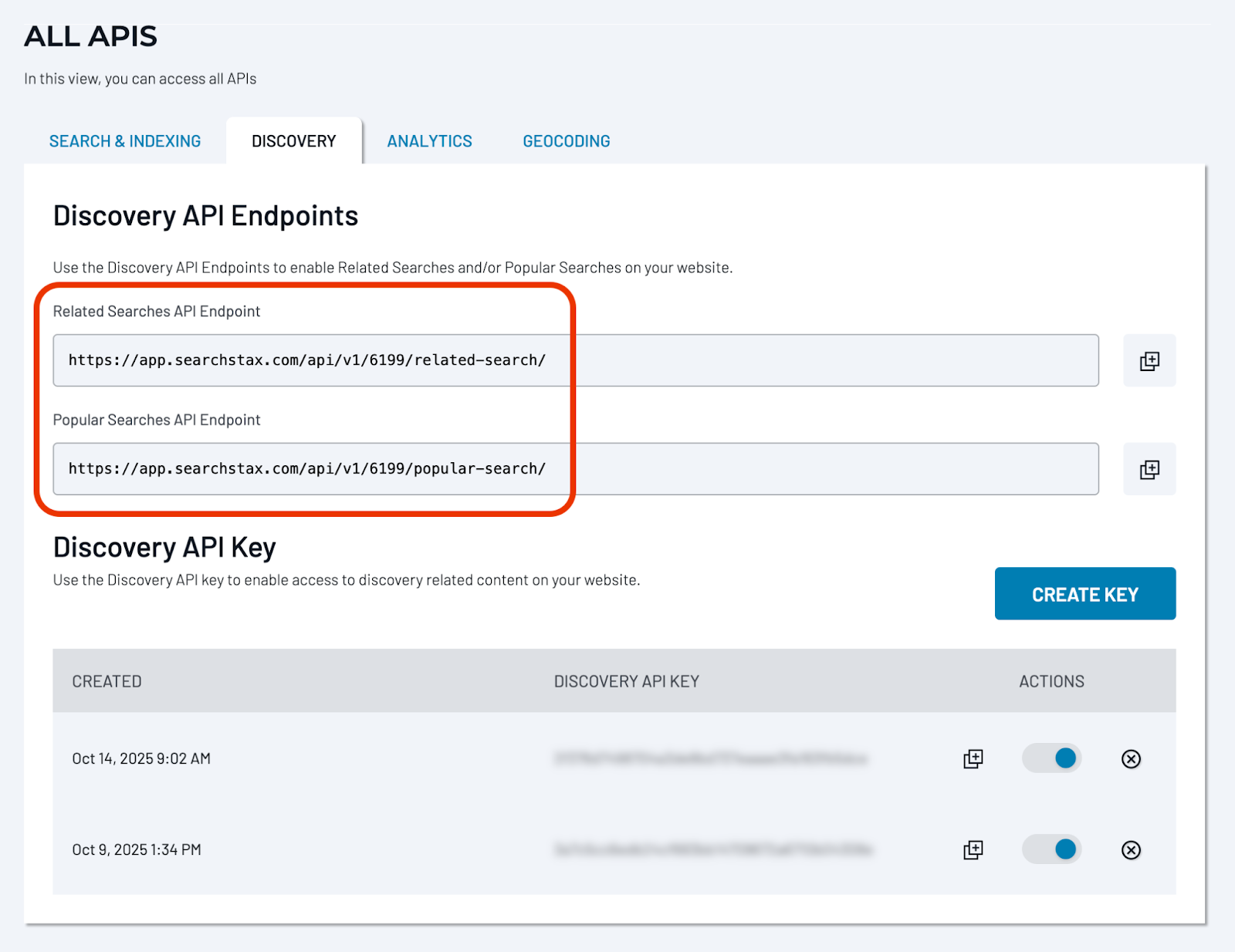 Discovery API tab with Related Searches and Popular Searches endpoints, plus Discovery API Key section with Create Key button and key table