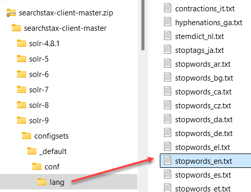 File browser showing stopwords_en.txt location within the searchstax-client-master.zip directory structure.
