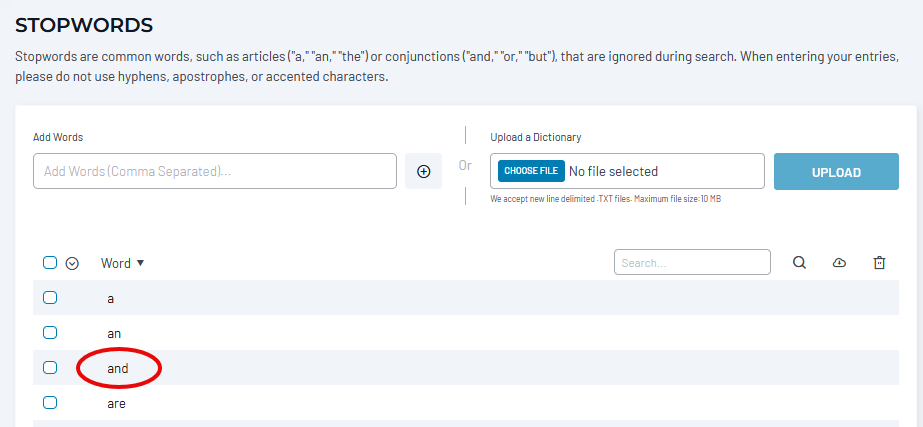 Stopwords configuration interface showing common words like 