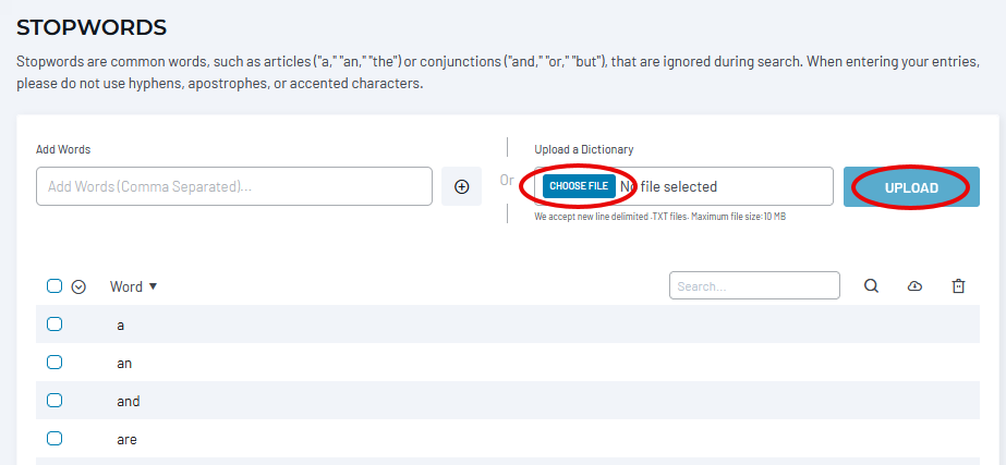 Stopwords configuration interface showing text input for manual entry and file upload options, with common words like 