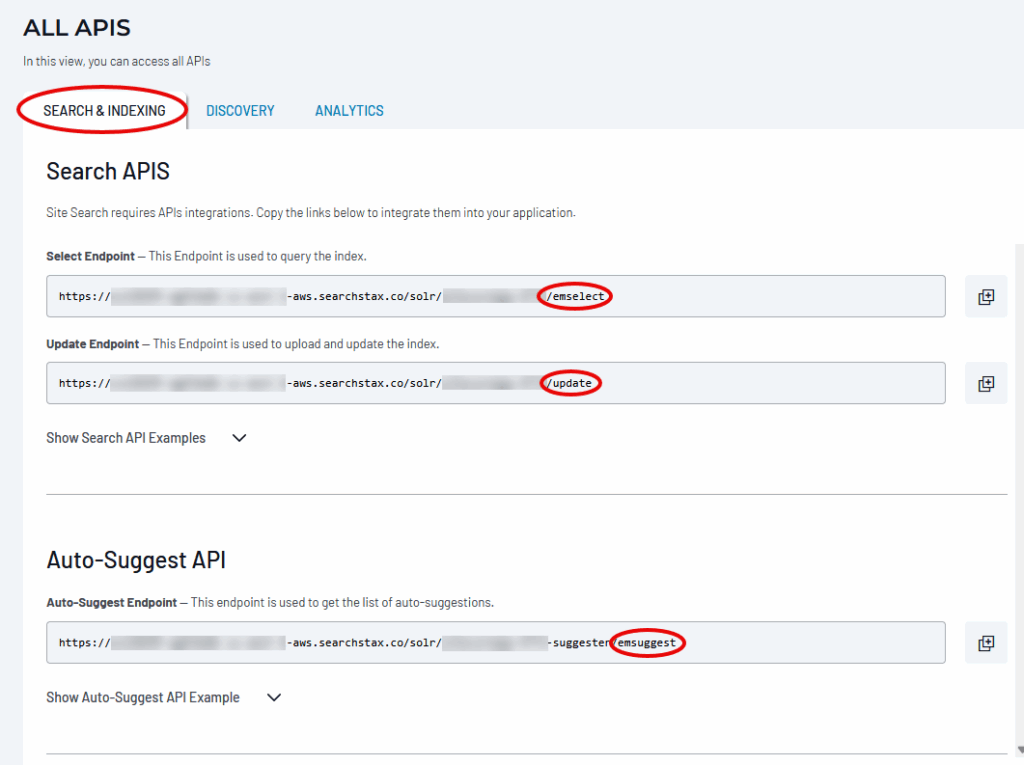 Search and Indexing endpoint family panel in Site Search app settings.
