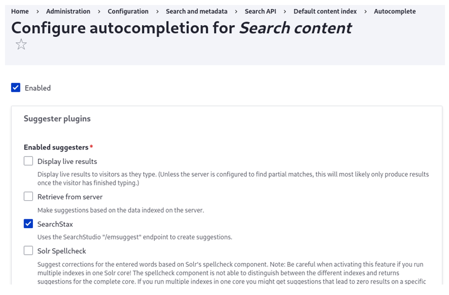 Configuration page for search autocomplete settings showing suggester plugin options with SearchStax enabled.