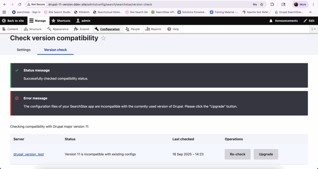 Version check interface showing incompatibility status between SearchStax configuration files and Drupal 11, with options to re-check or upgrade.
