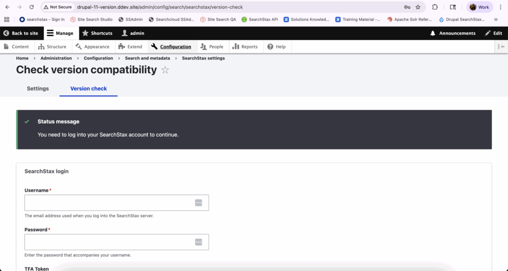 SearchStax version check login form prompts for username, password, and TFA token to verify Drupal compatibility.