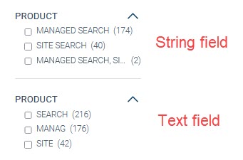 Comparison showing a string field facet and a text field facet with their respective result counts in parentheses.