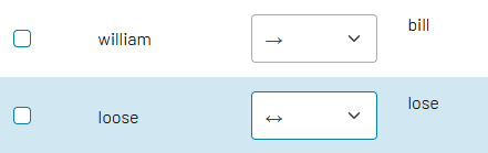 A synonym pair management interface showing two entries: 'william/bill' and 'loose/lose' with selection checkboxes and directional controls.