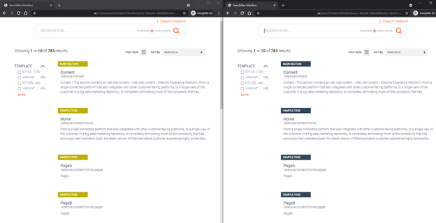 Side-by-side comparison of search page renderings showing light and dark theme templates with identical content structure.