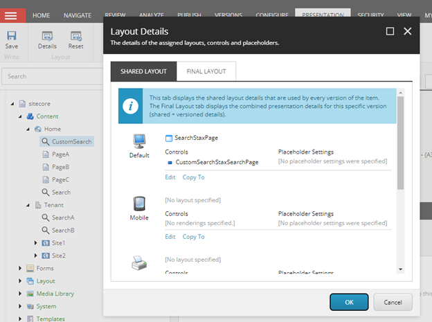 Layout details dialog showing shared and final layout tabs with custom search page configuration settings and placeholder assignments.