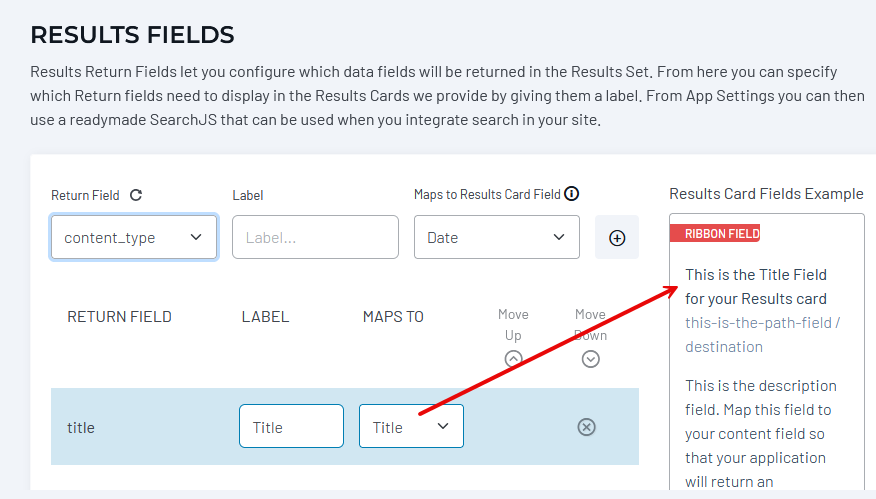 Results fields configuration interface showing how to map content fields to display elements in search results cards.