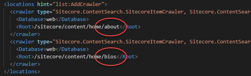 Two crawler configurations in XML showing different root paths: 