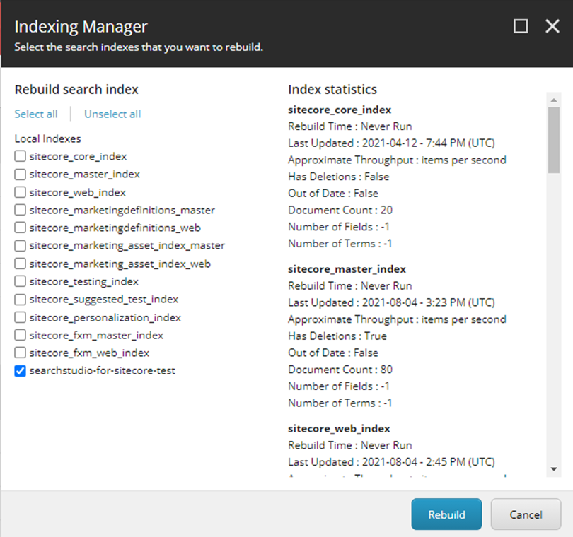 Indexing Manager dialog showing a list of search indexes with rebuild options and detailed index statistics for each selected item.