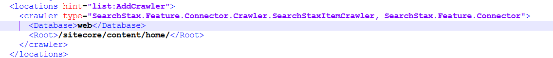 XML configuration showing crawler settings with database path set to sitecore/content/home.