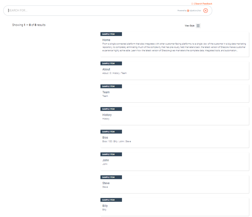 Search results page showing 8 sample items including Home, About, Team, History, and individual team member entries.