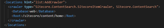 XML configuration shows a web crawler setup with the root path set to /sitecore/content/home.