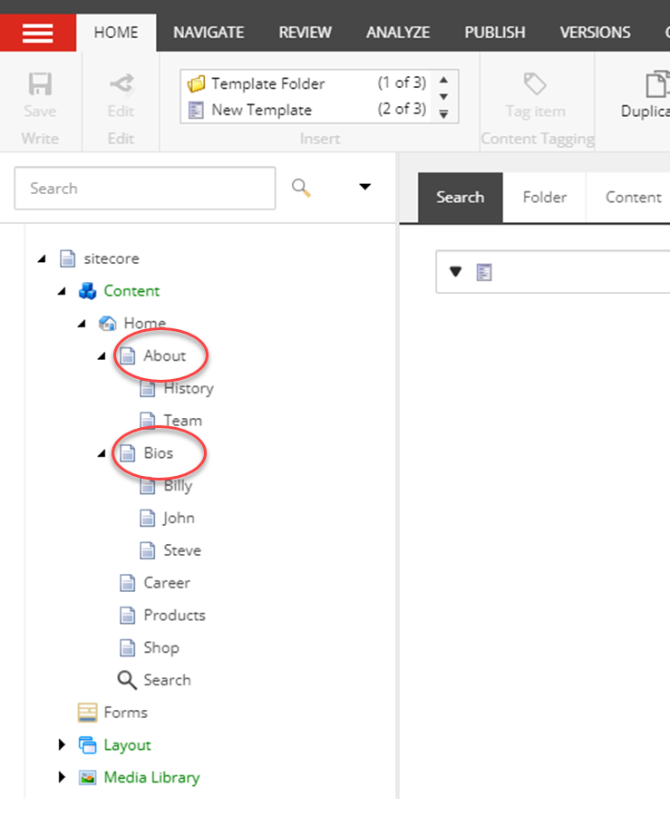 Sitecore content tree showing multiple root items including About and Bios sections highlighted in the navigation hierarchy.