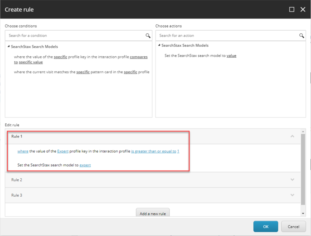 Rule creation interface showing SearchStax search model conditions and actions, with an example rule targeting expert profile values greater than 1.