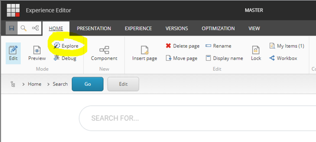 The Experience Editor toolbar highlighting the Explore button for configuring search profile settings in Sitecore.