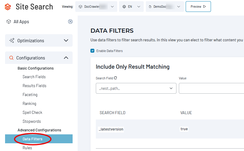 Data Filters configuration panel showing search field filters and the option to enable data filters for controlling search result content.