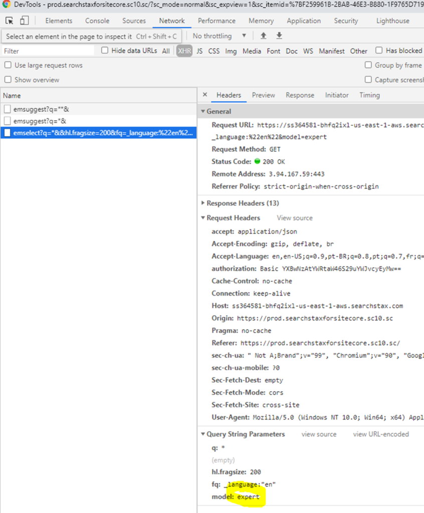 Chrome Developer Tools network panel showing request headers and query parameters for a Sitecore search API call with language and expert mode settings.