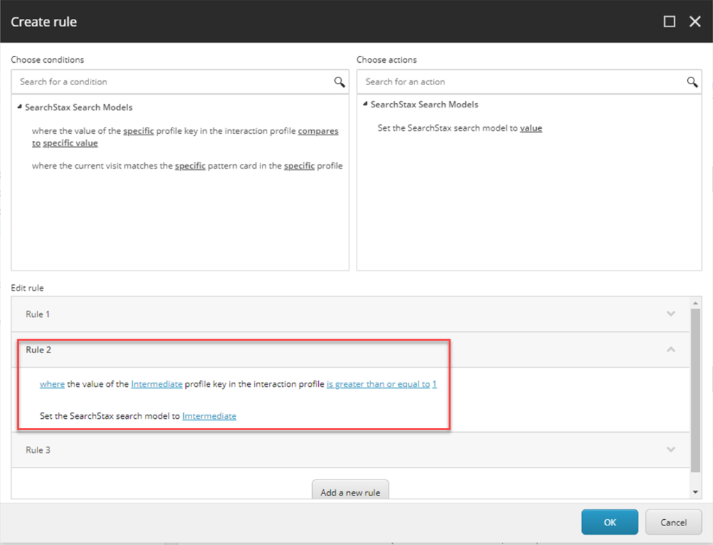 Rule configuration interface showing SearchStax search model conditions and actions, with Rule 2 highlighted setting the Intermediate profile when value...