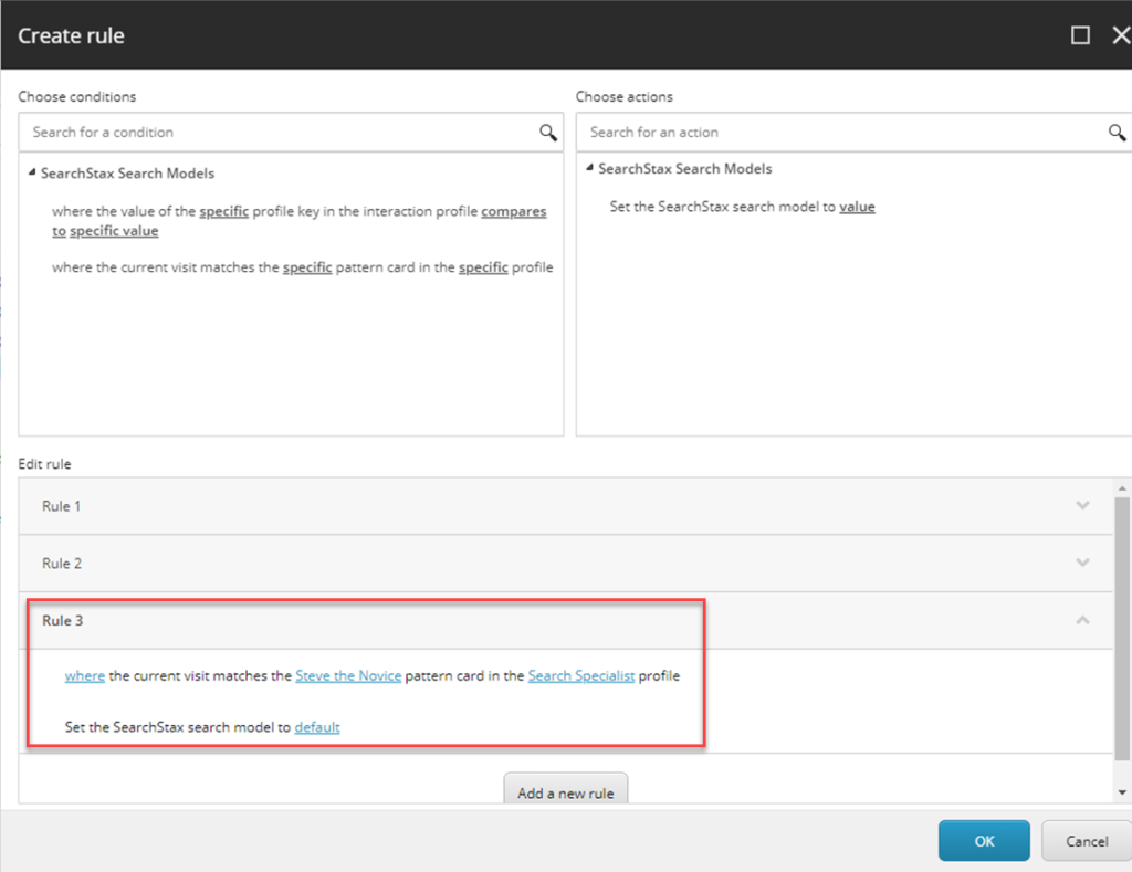 Rule creation dialog showing SearchStax search model conditions and actions, with Rule 3 highlighted defining pattern card matching for Search Specialis...