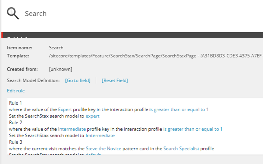 Personalization rules interface showing three conditional search models: expert, intermediate, and default based on user profile values.