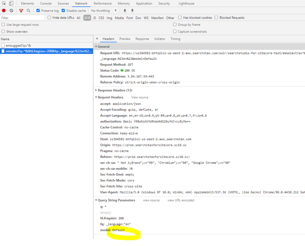 Browser developer tools network panel showing a search query with 'Default' model parameter highlighted in query string parameters.