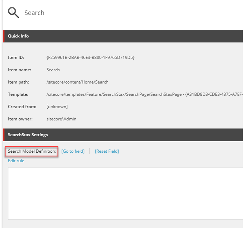 Search configuration page showing Quick Info details and SearchStax settings with Search Model Definition field highlighted.
