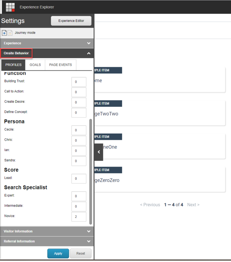 Experience Explorer interface showing Onsite Behavior settings with Function, Persona, Score, and Search Specialist profiling categories for content per...