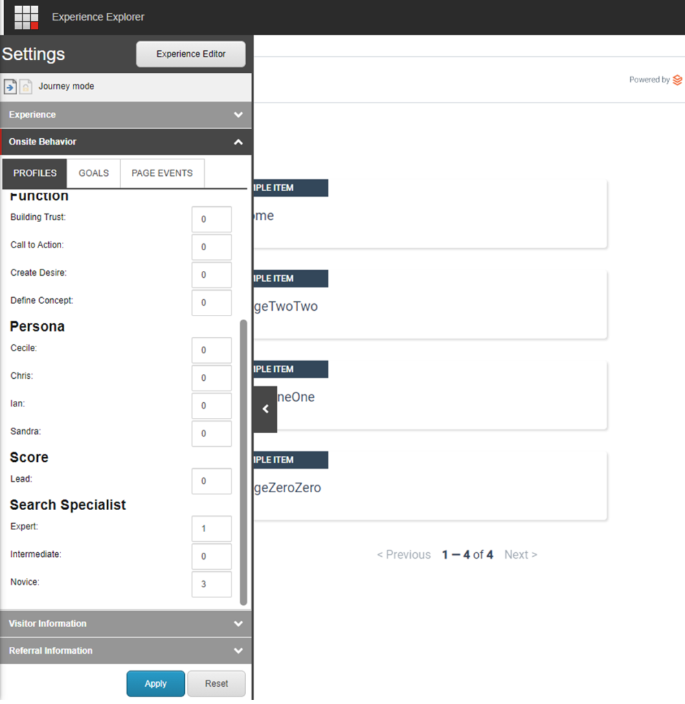 Experience Explorer settings panel showing profile scoring options including Function, Persona, and Search Specialist categories with numerical input fi...