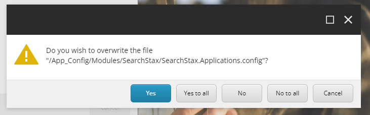 File overwrite confirmation dialog asking to replace SearchStax.Applications.config with options to accept or decline.