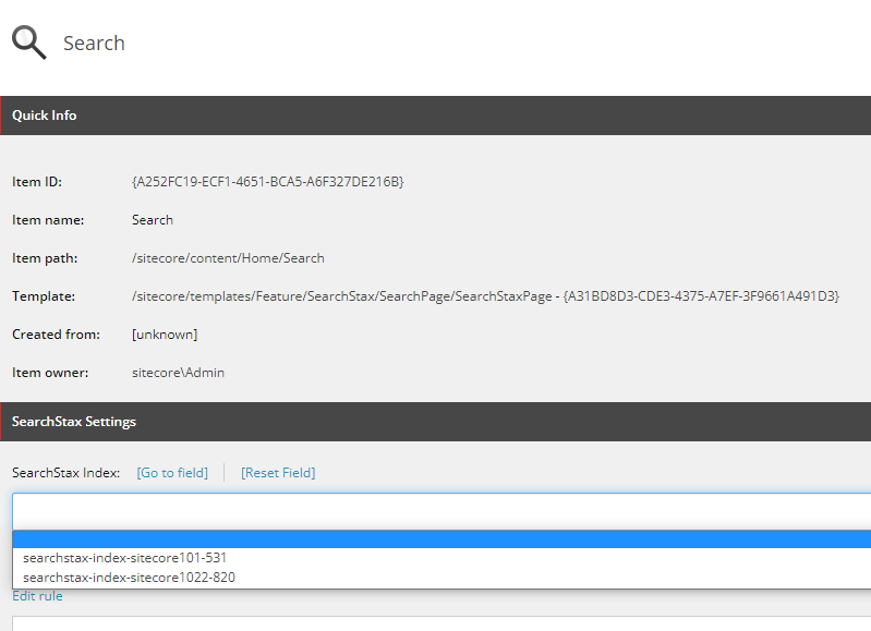 SearchStax index configuration panel showing two sitecore indexes and template path details in quick info section.