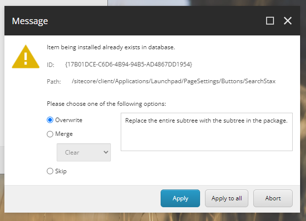 A dialog box prompting to overwrite an existing database item, with options to Overwrite, Merge, or Skip the installation of SearchStax components.