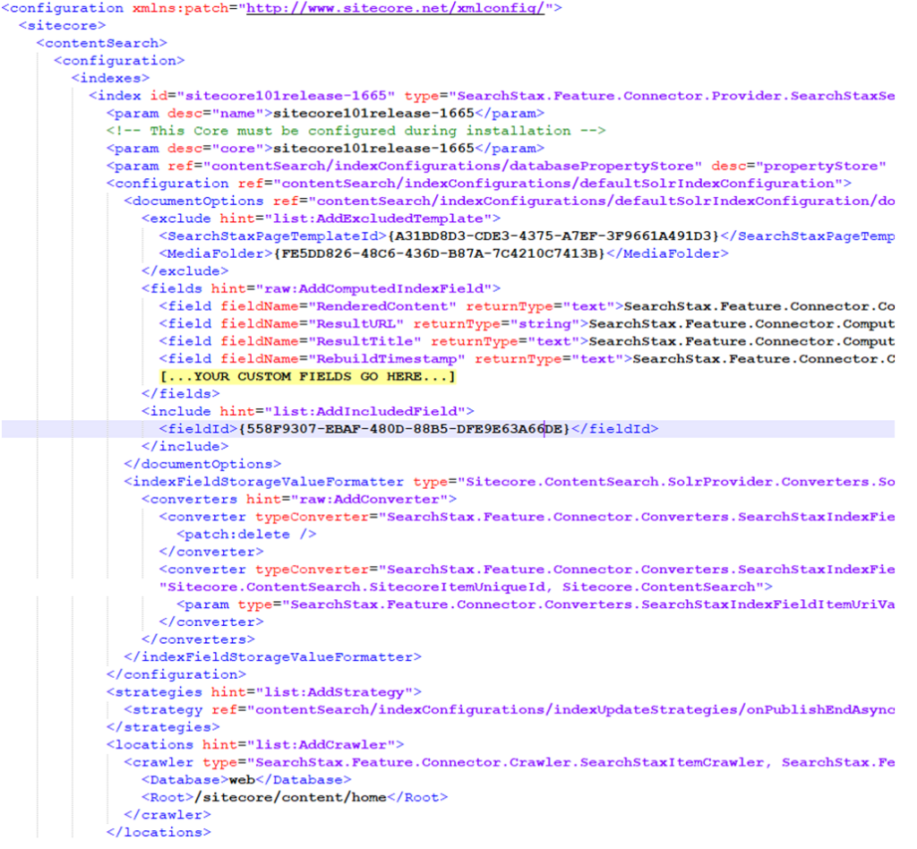 Sitecore SearchStax configuration XML showing custom field definitions, converters, and crawler settings for content search indexing.