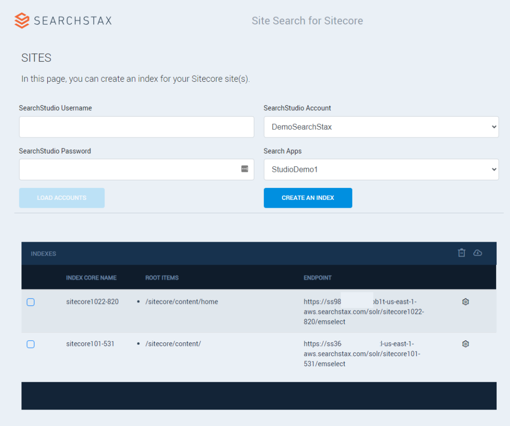 Sitecore indexing interface showing account credentials form and a list of existing search indexes with their core names, root items, and endpoints.
