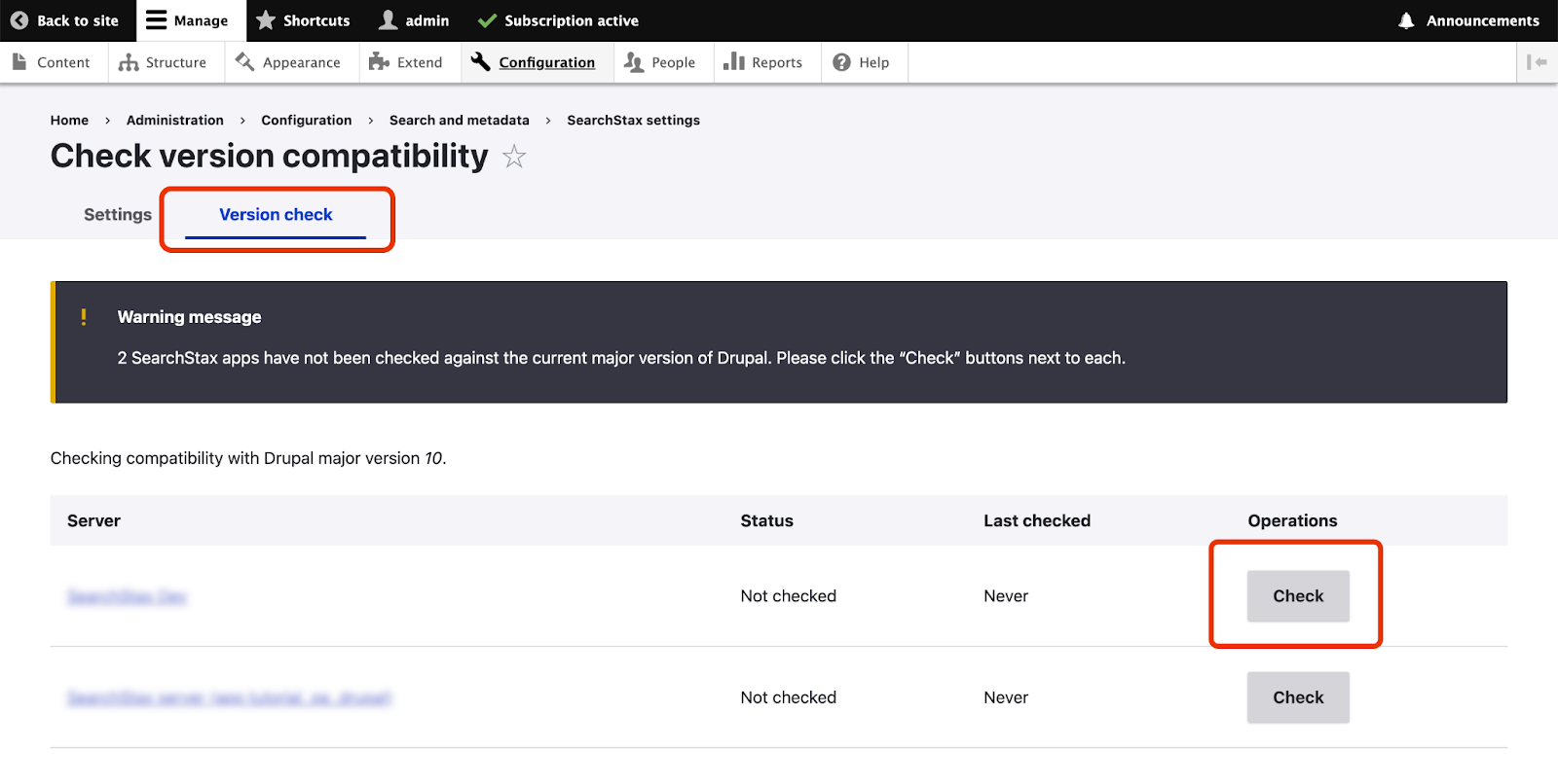 The SearchStax Version check screen in Drupal, with the Version check tab and the Check button for a server highlighted.