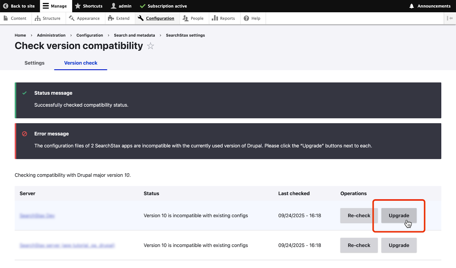 The Check version compatibility screen showing an incompatibility error message, with the Upgrade button for a server highlighted.