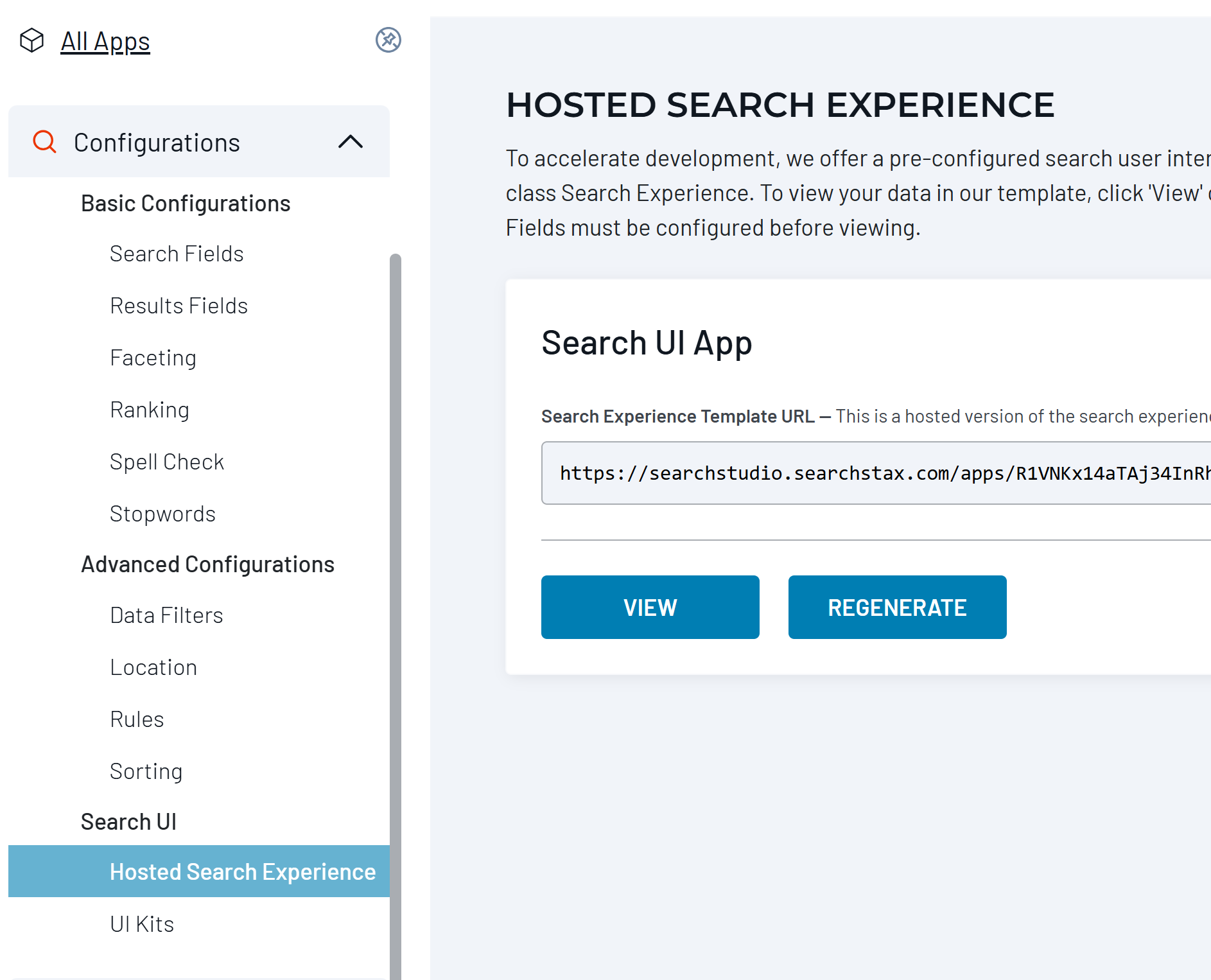 SearchStax Site Search Hosted Search Experience screen with View button to access a sharable search page..