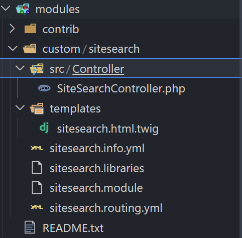 Drupal sitesearch module folder structure with templates, controllers, and configuration files
