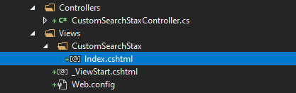 Solution Explorer view showing the Index.cshtml file location within the Views and CustomSearchStax folders.