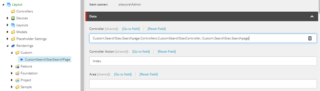 Controller rendering configuration panel showing the Controller and Controller Action fields for a custom search page.